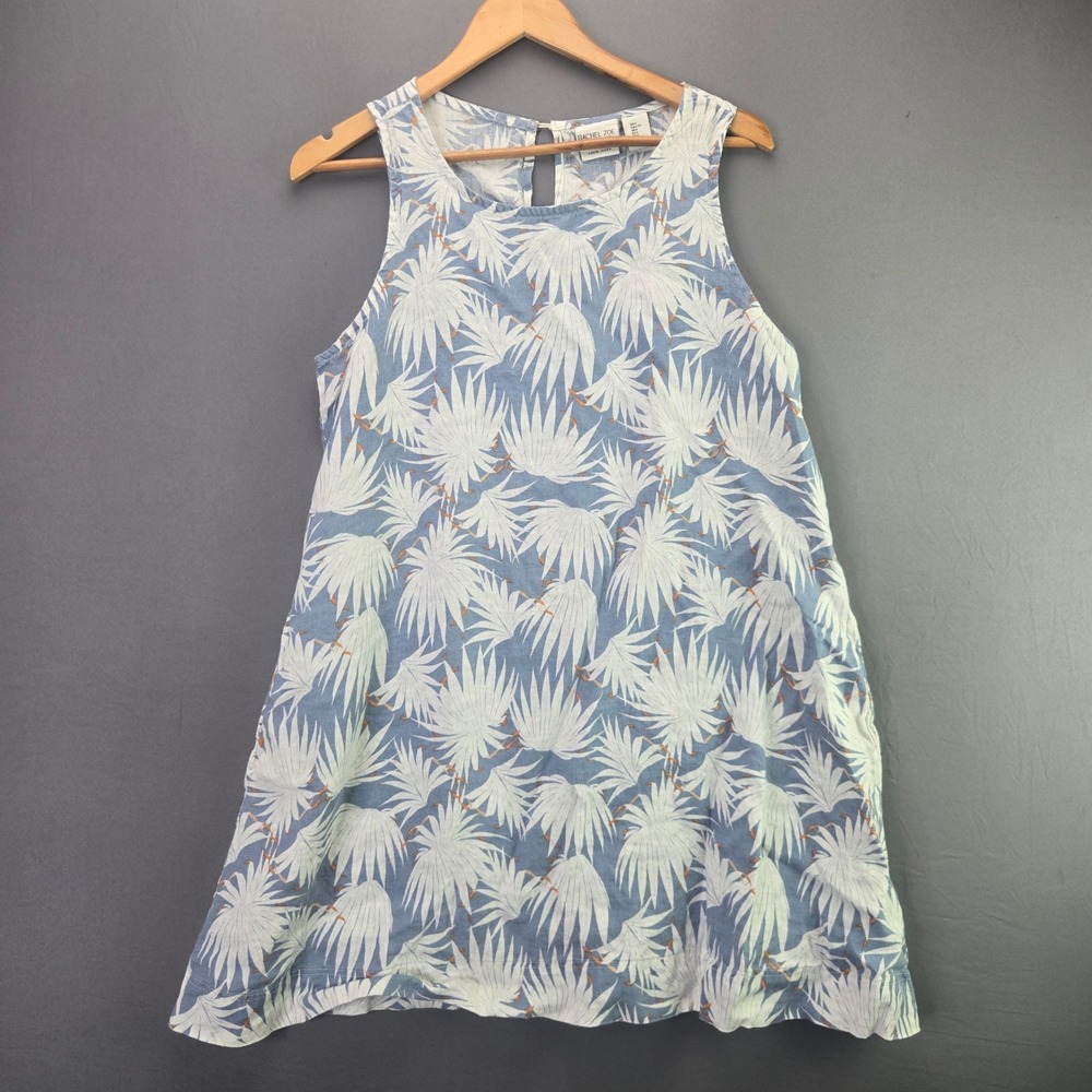 Rachel Zoe Linen Shift Dress Palm Leaf Print L Blue White Sleeveless Mini Boho